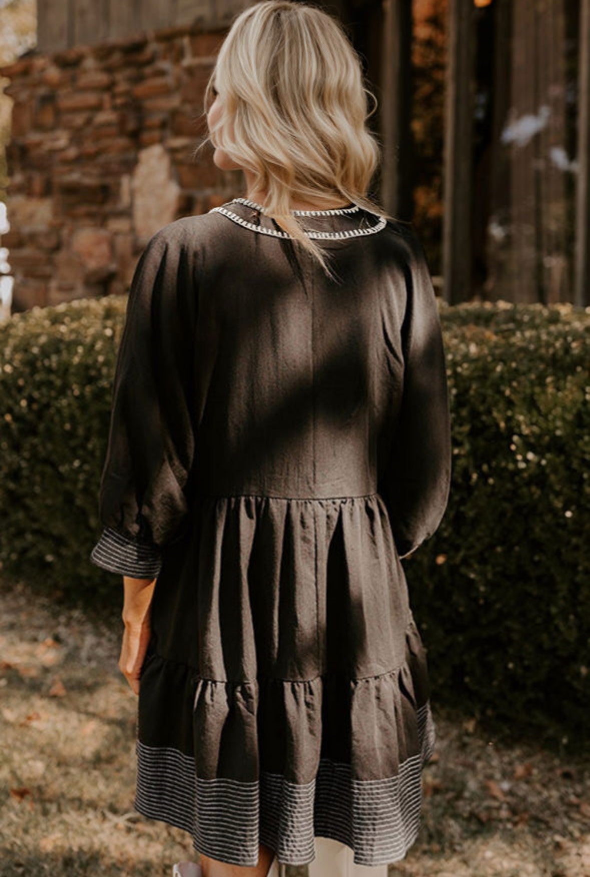 Black Stitched V Neck Dress - Pre Order