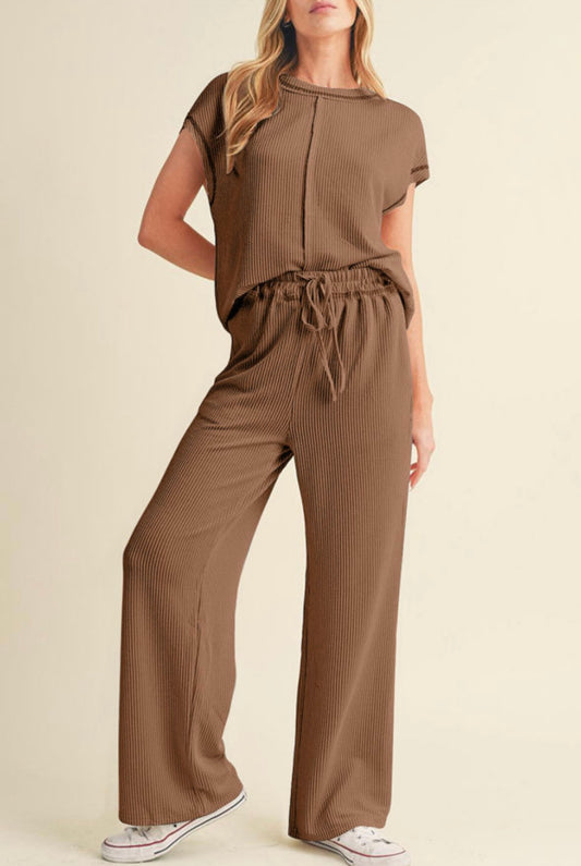 Corded Tee + Pants Set - Coffee