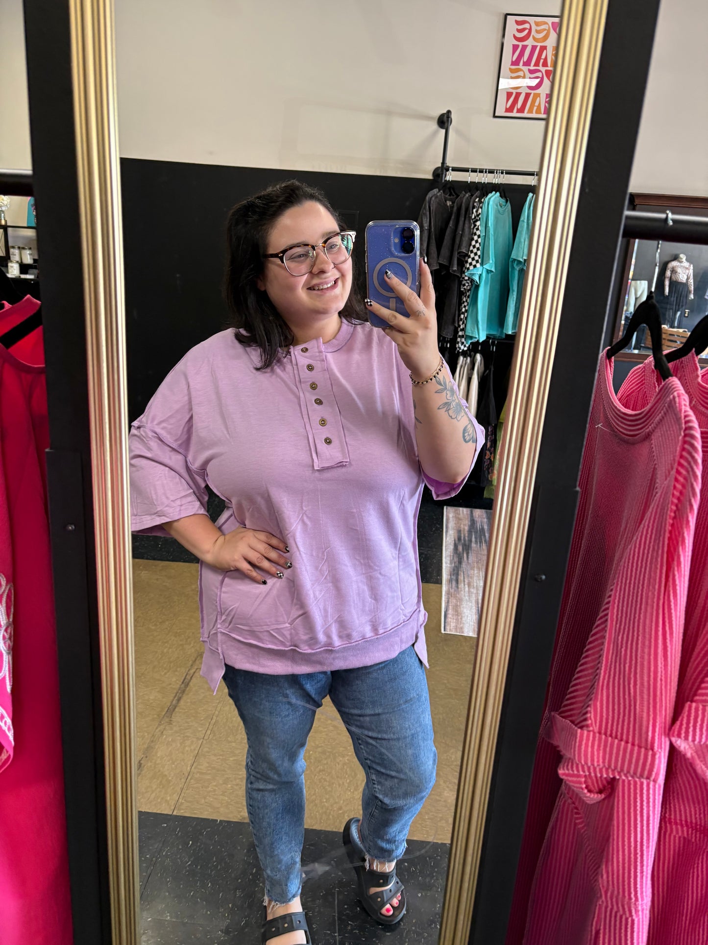 Button Up Slouchy Tee - Lavendar