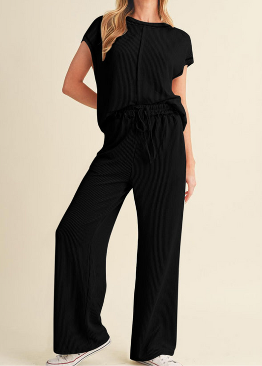 Corded Tee + Pants Set - Black