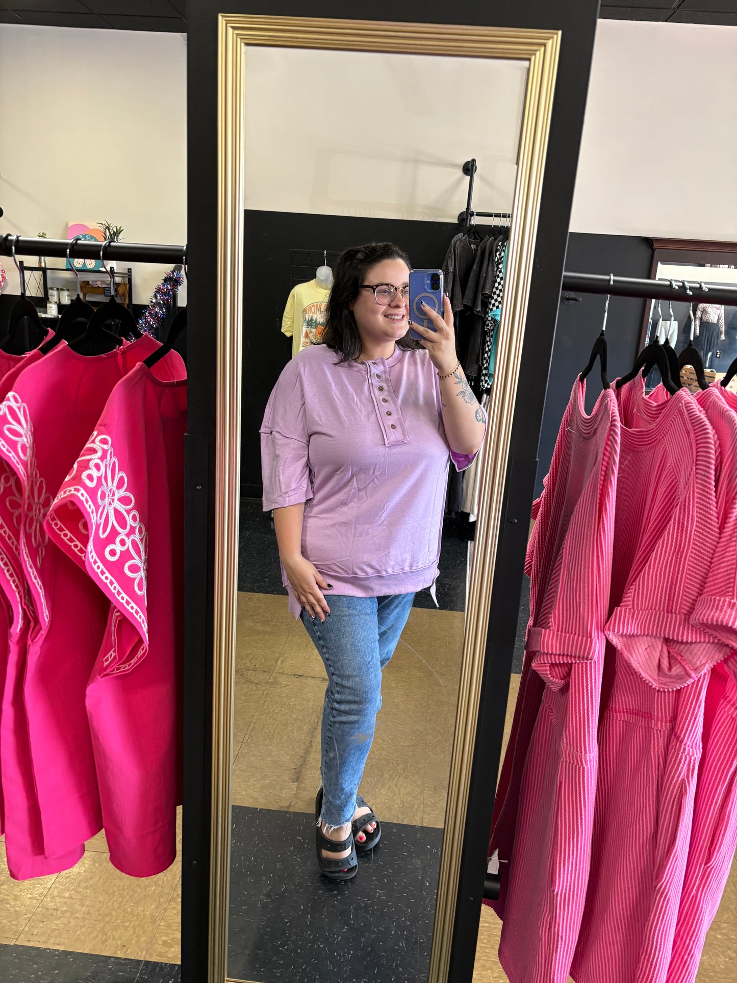 Button Up Slouchy Tee - Lavendar
