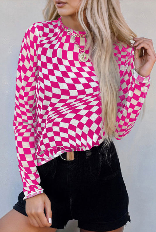 Pink Checkered Mesh Top