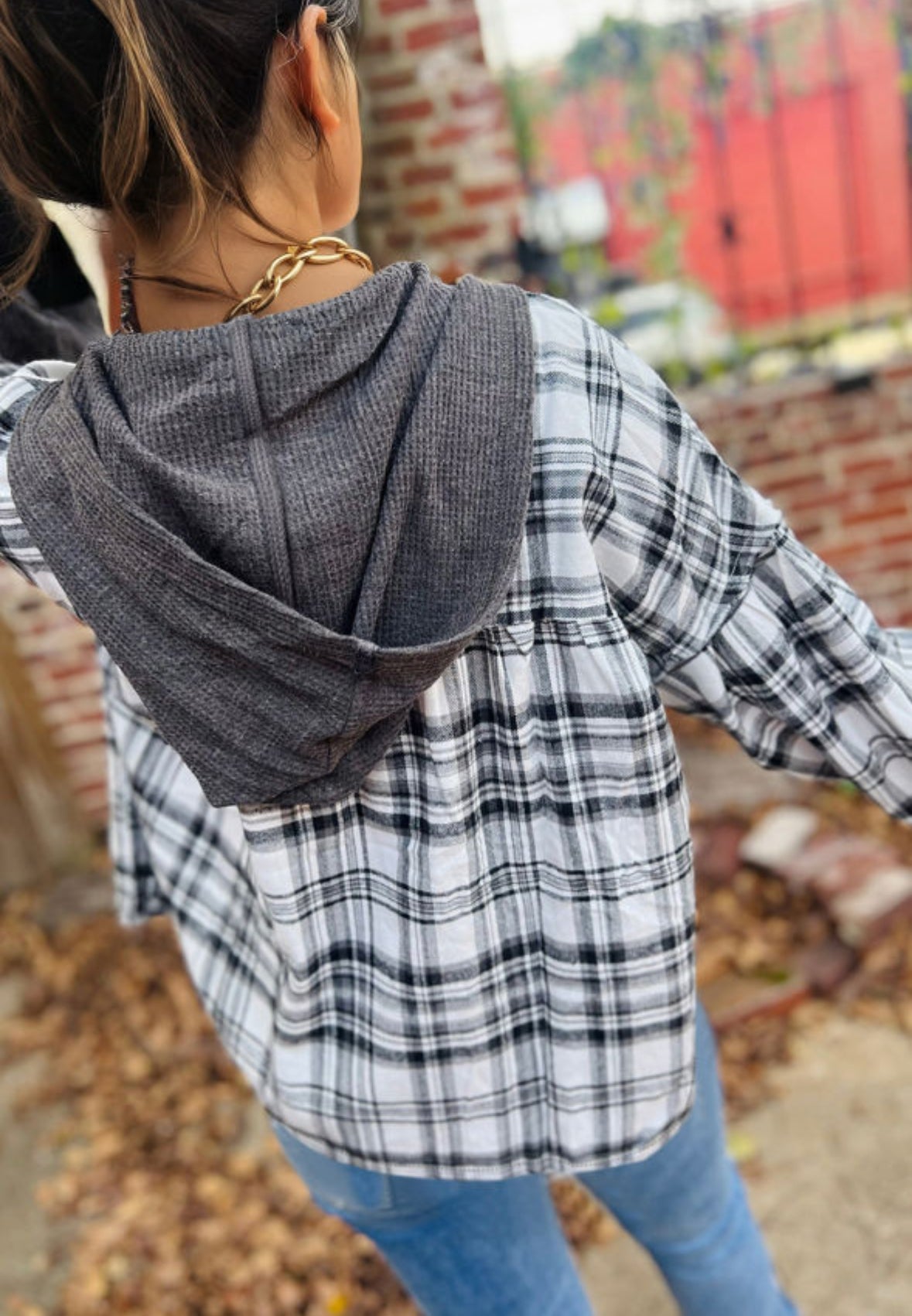 Gray plaid hooded blouse - Pre Order