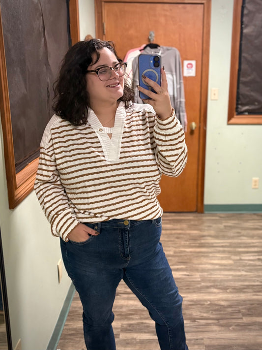 Fallin’ for stripes  - brown striped hooded crochet top