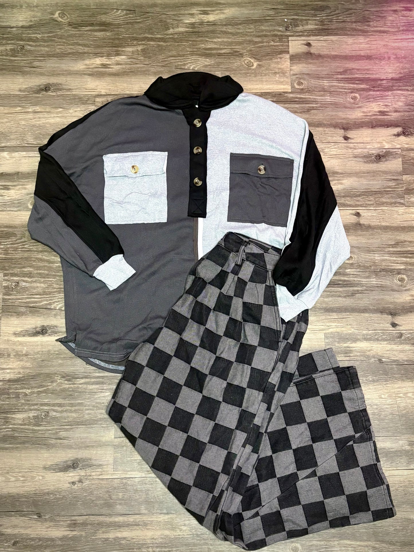Checkered Chaos - black and grey checkered wide leg denim
