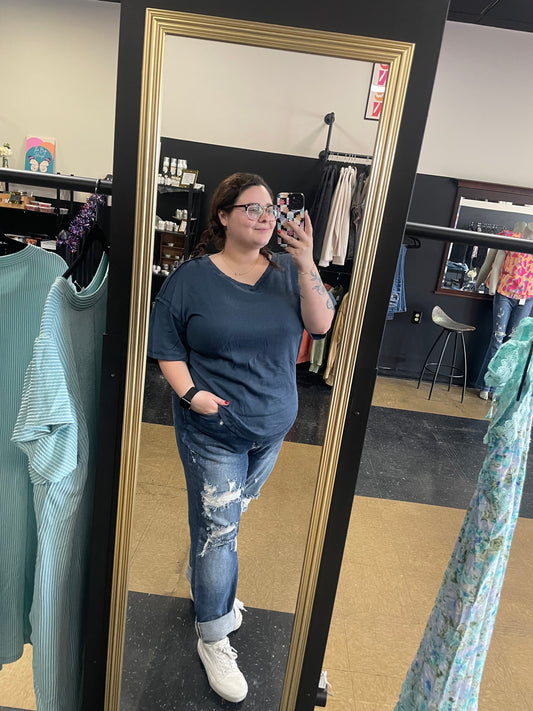 Exposed Seam Knitted V Neck - Blue