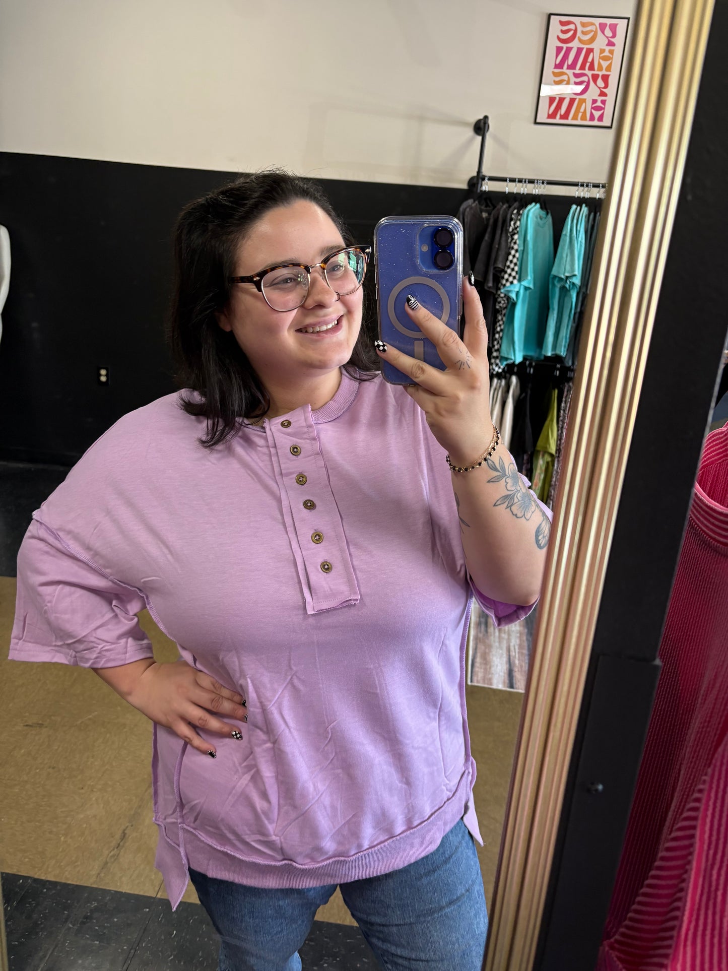 Button Up Slouchy Tee - Lavendar