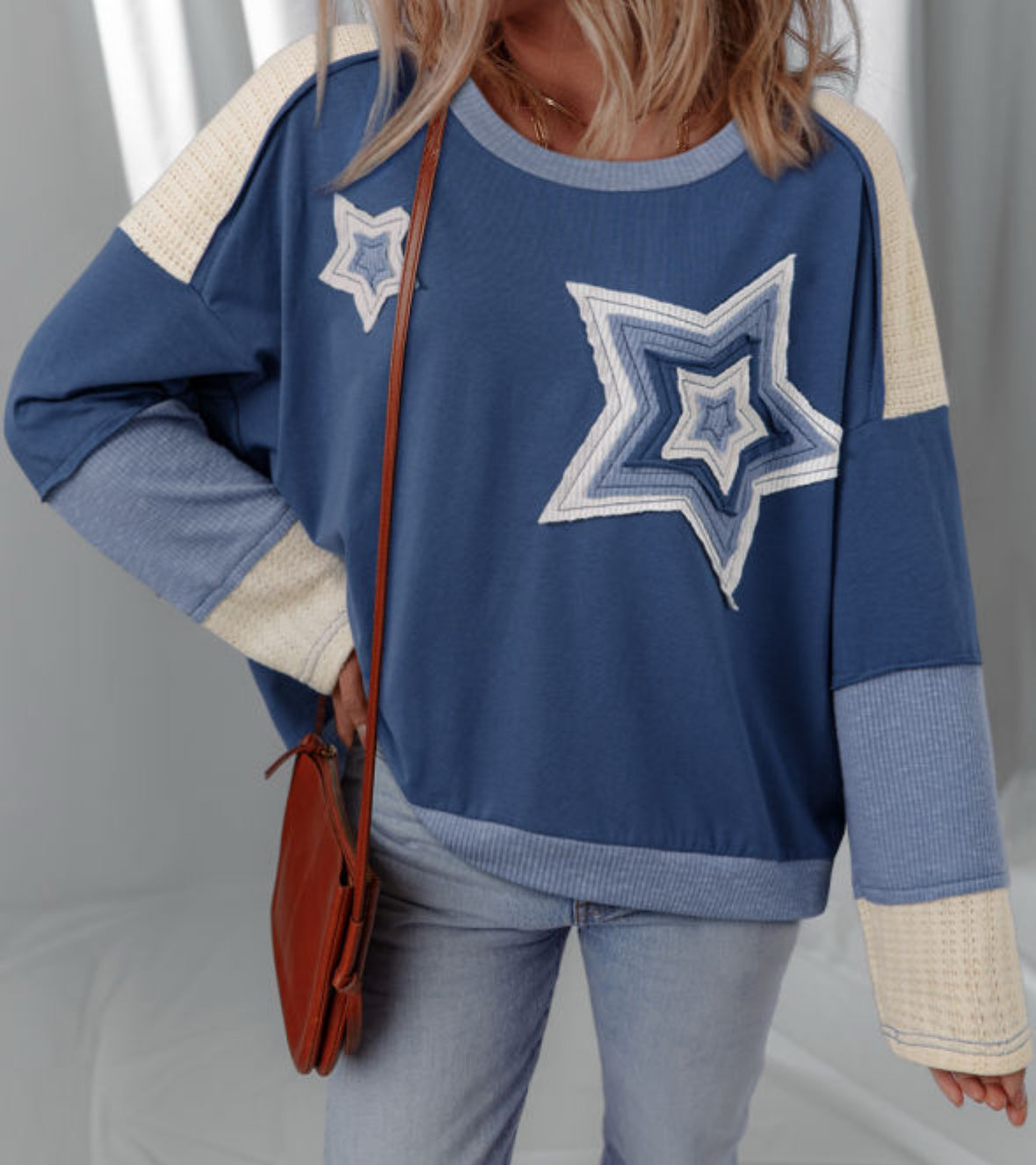 Star of the show - colorblock + knit patchwork long sleeve top