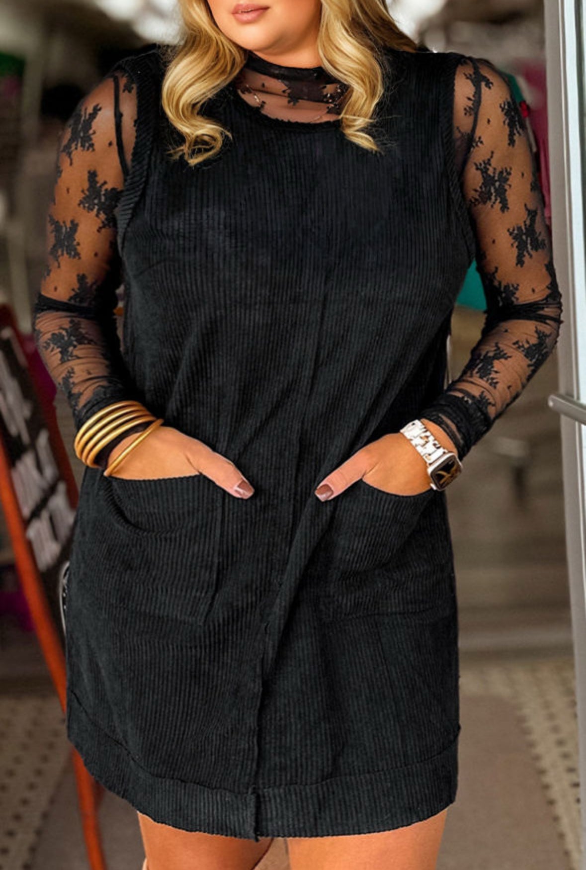 Corduroy Cutie - black sleeveless pocket dress