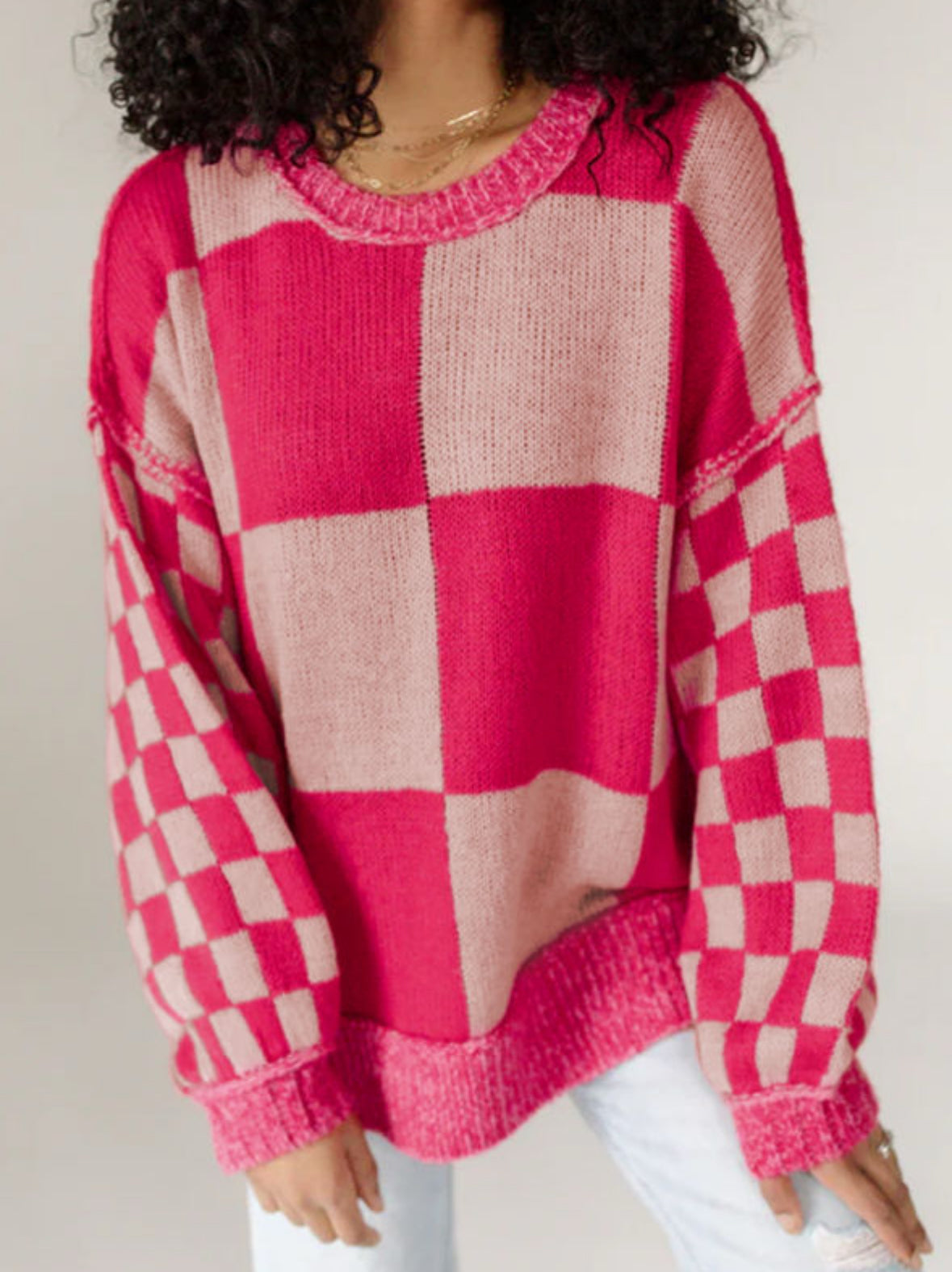 Be Mine - Pink Checkered Pullover Sweater
