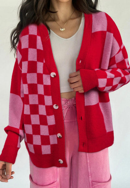 Love Struck - Red/Pink Checkered Cardigan