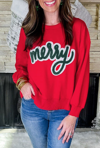 Merry Script Embroidery Pullover