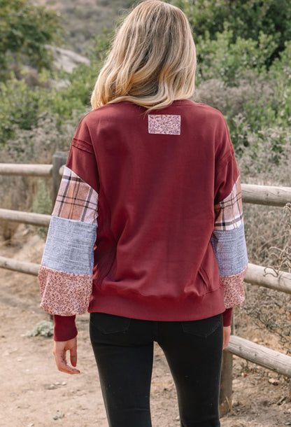 Twin Flame - maroon patchwork pullover