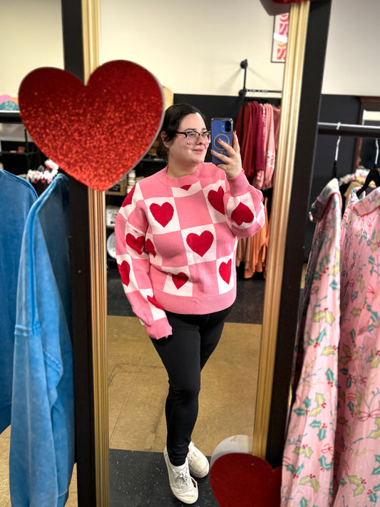 Check Love Out - Pink Checkered Heart Sweater