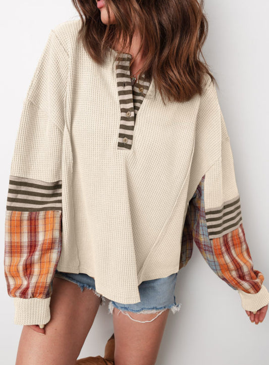 Spice Season Vibes - plaid patchwork Henley top