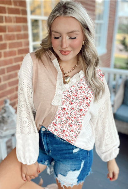 Boho Beauty - Lace and Floral Patchwork Hooded Blouse