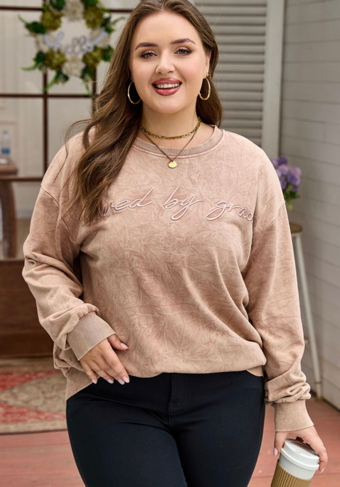 Saved By Grace Mineral Wash Embroidered Pullover