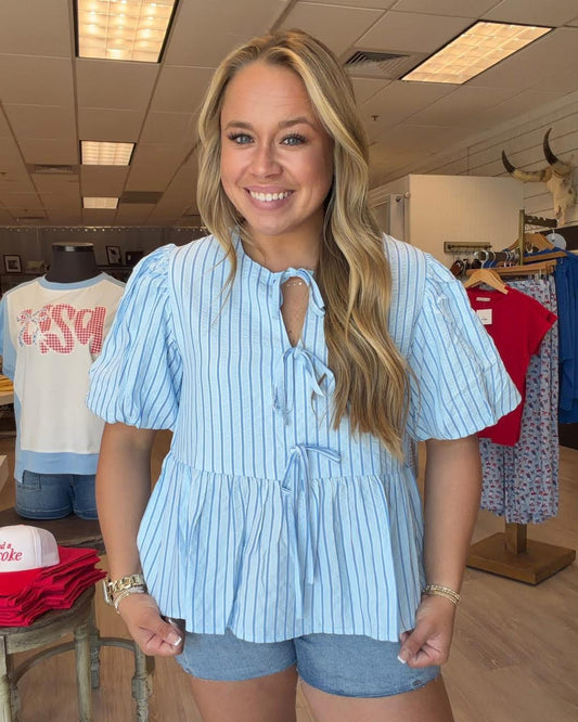 So Bow-tiful - blue stripe tie top