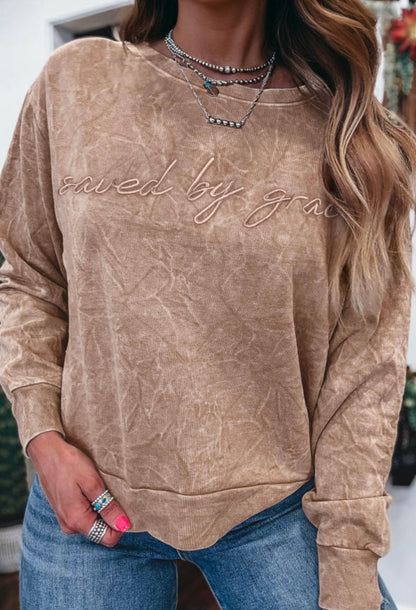 Saved By Grace Mineral Wash Embroidered Pullover