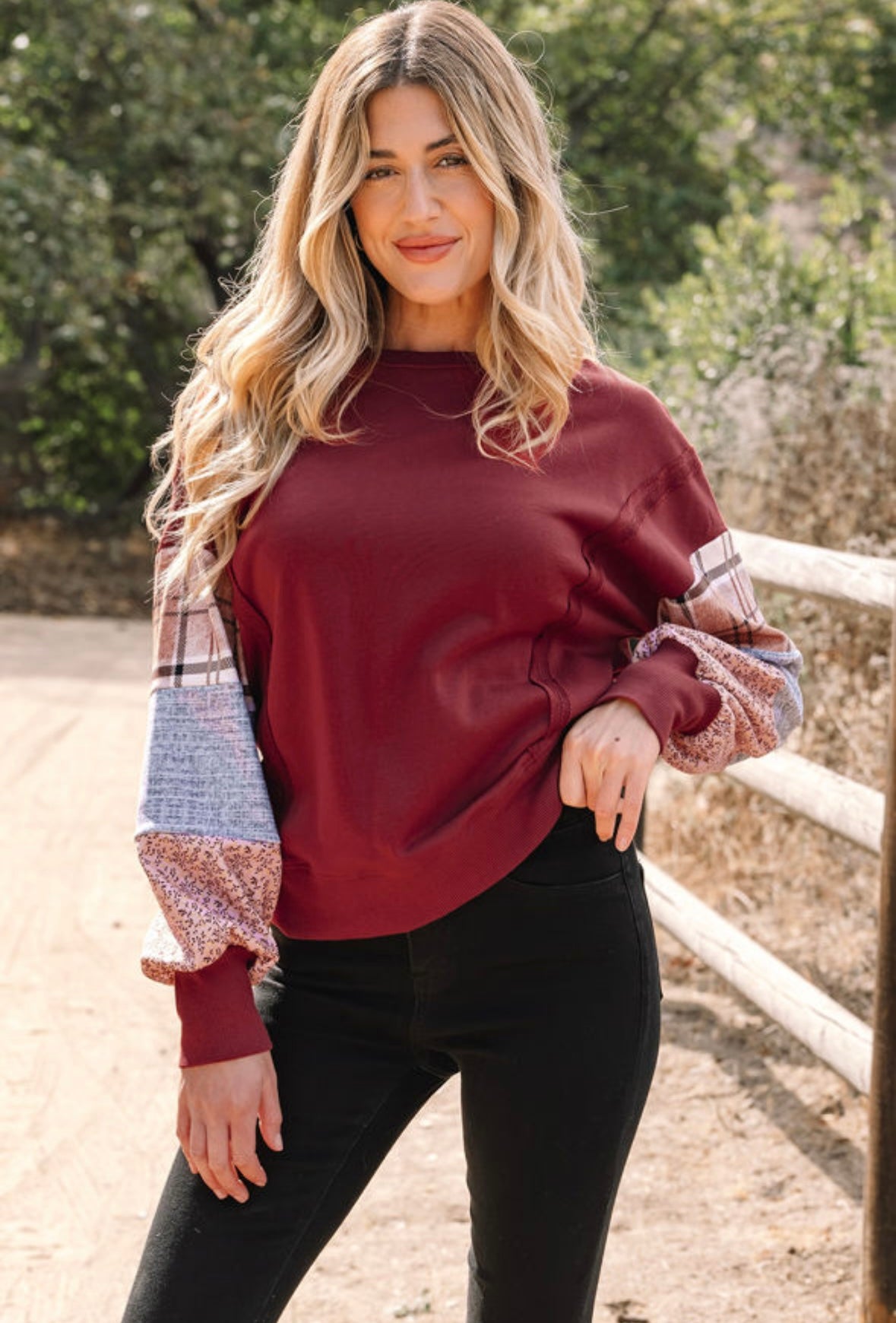 Twin Flame - maroon patchwork pullover