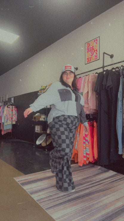 Checkered Chaos - black and grey checkered wide leg denim