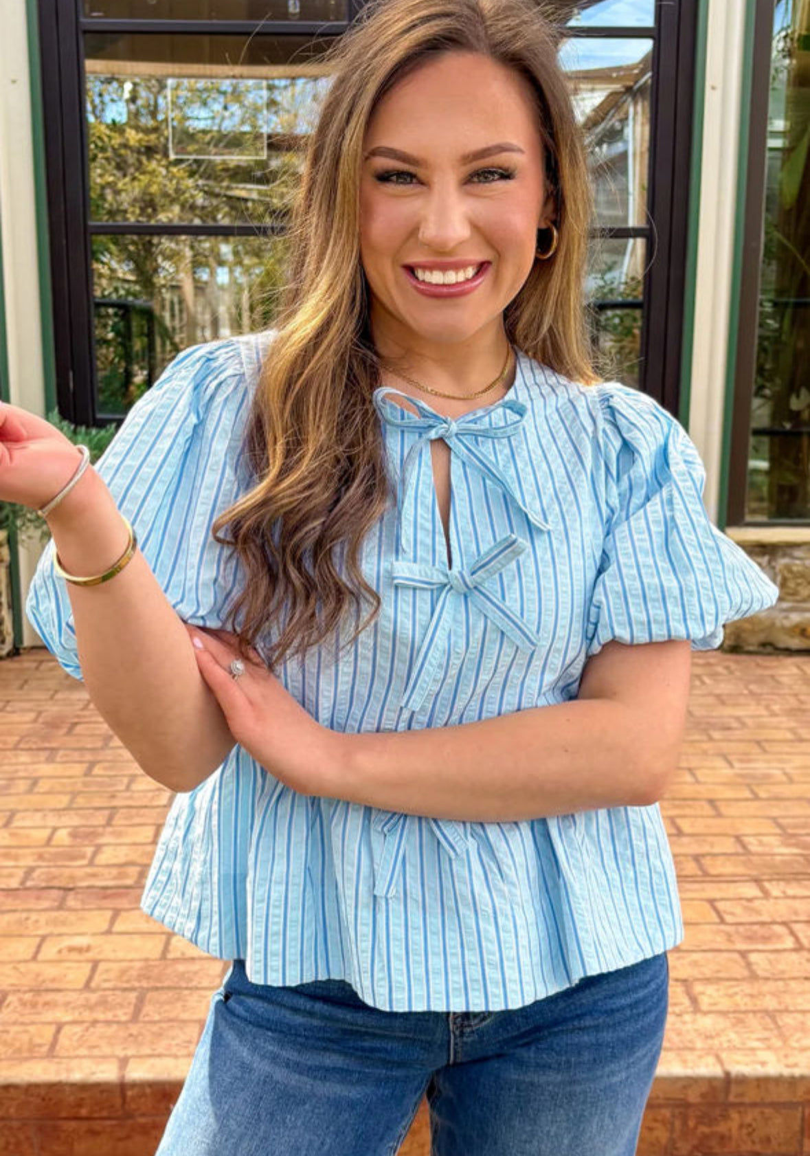 So Bow-tiful - blue stripe tie top