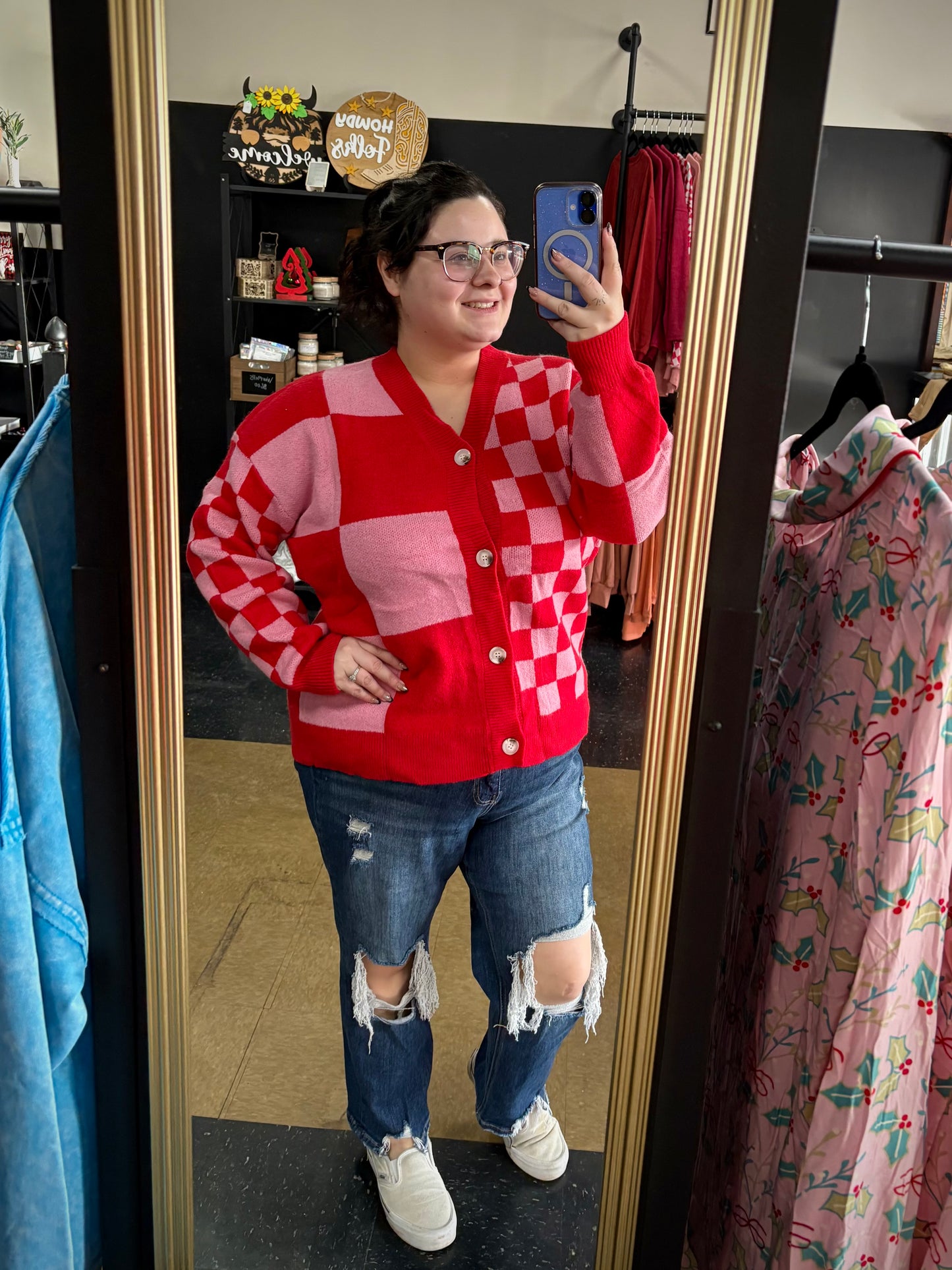 Love Struck - Red/Pink Checkered Cardigan