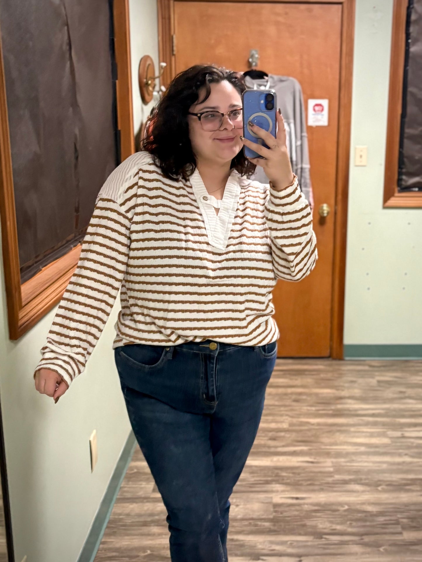 Fallin’ for stripes  - brown striped hooded crochet top