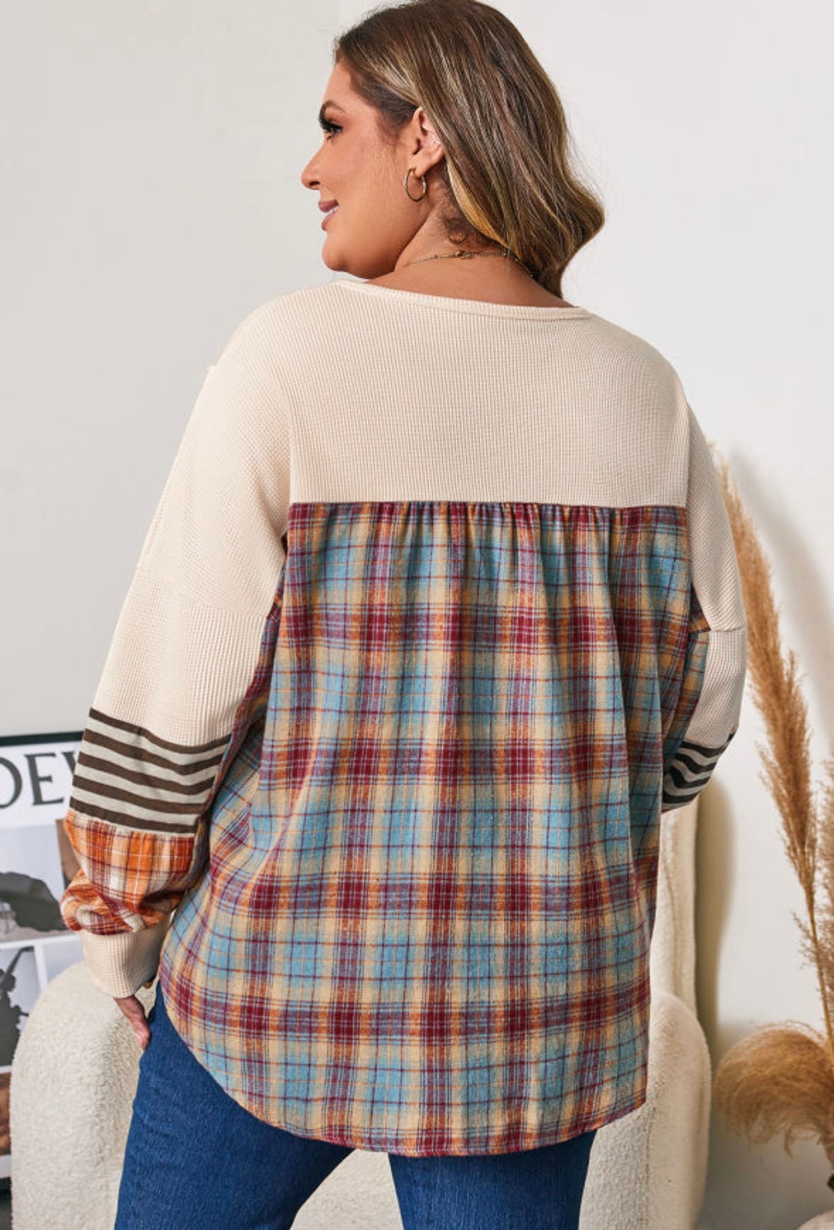 Spice Season Vibes - plaid patchwork Henley top