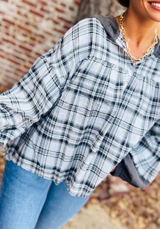 Gray plaid hooded blouse - Pre Order