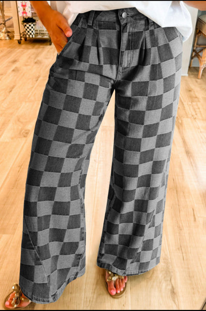 Checkered Chaos - black and grey checkered wide leg denim