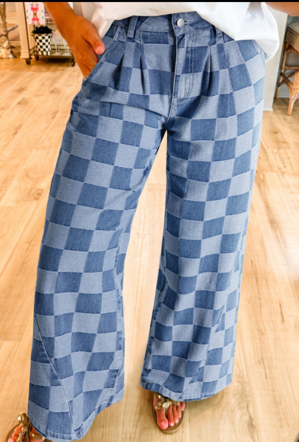 Checkered Chaos - blue checkered wide leg denim