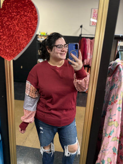 Twin Flame - maroon patchwork pullover