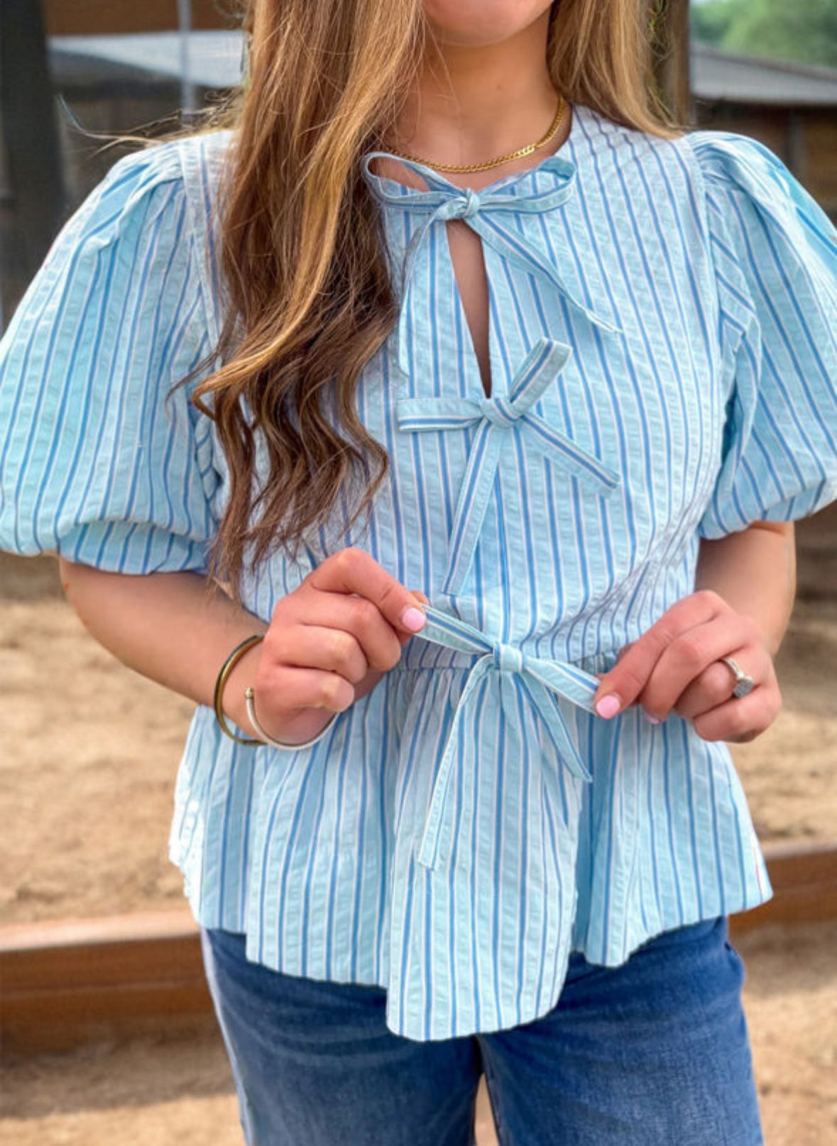 So Bow-tiful - blue stripe tie top