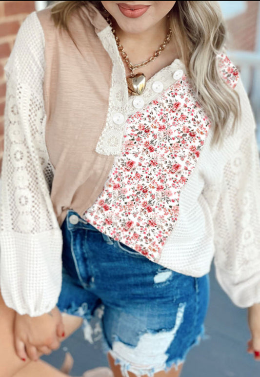 Boho Beauty - Lace and Floral Patchwork Hooded Blouse