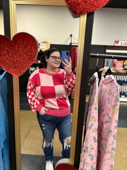 Be Mine - Pink Checkered Pullover Sweater