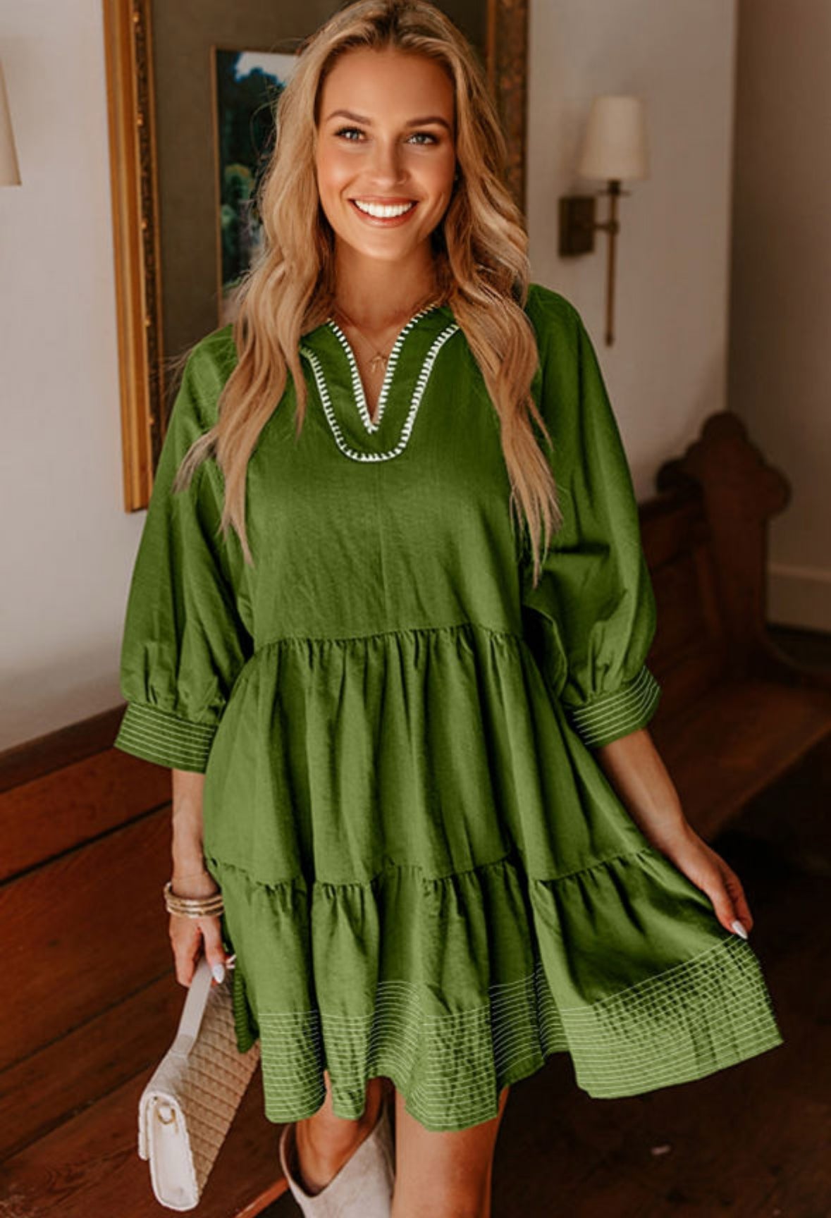 Jungle Green Stitched V Neck Dress - Pre Order