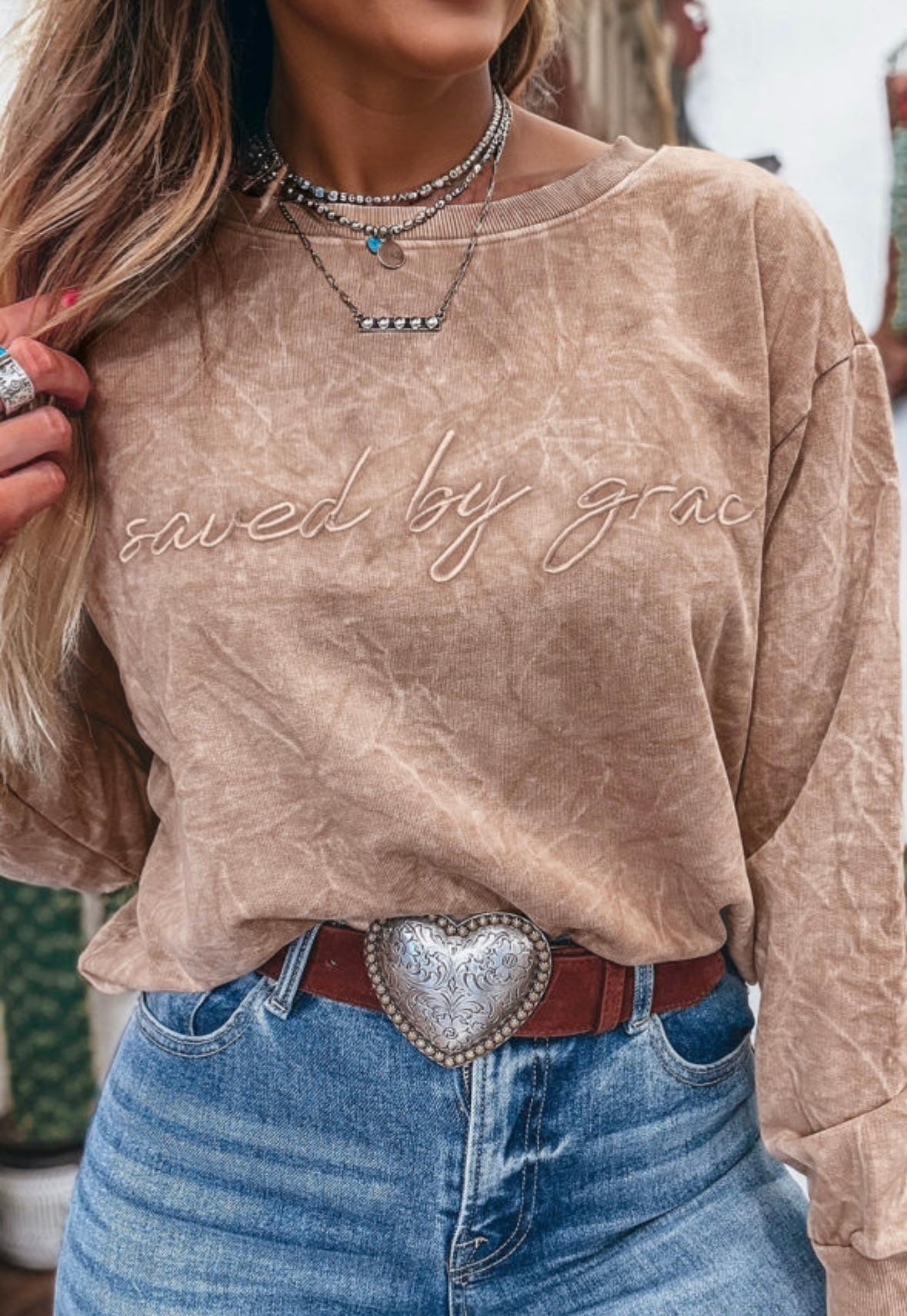 Saved By Grace Mineral Wash Embroidered Pullover
