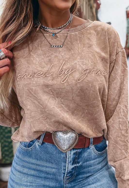 Saved By Grace Mineral Wash Embroidered Pullover