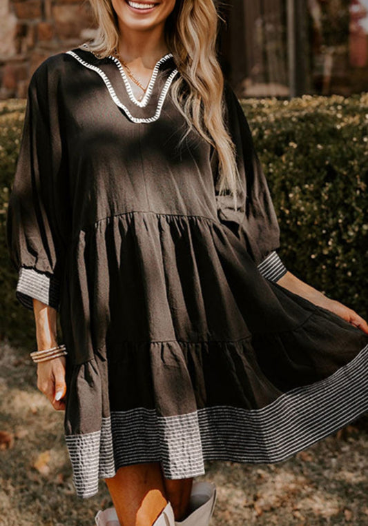 Black Stitched V Neck Dress - Pre Order
