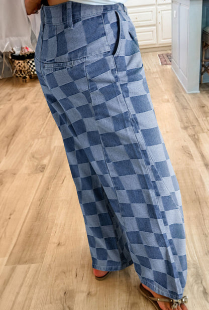 Checkered Chaos - blue checkered wide leg denim