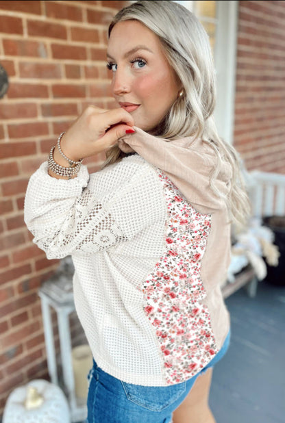 Boho Beauty - Lace and Floral Patchwork Hooded Blouse