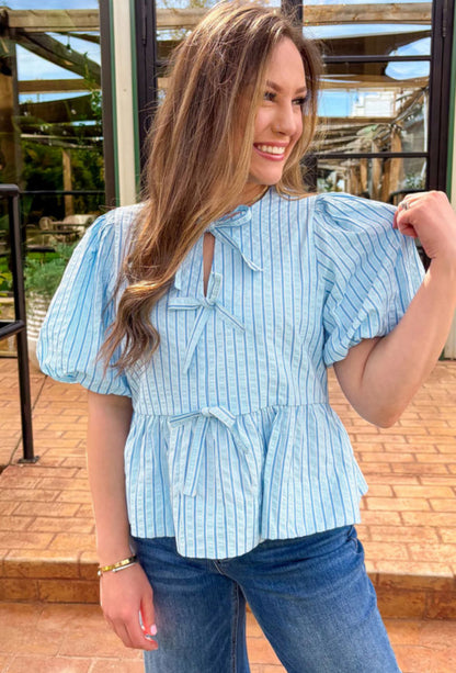 So Bow-tiful - blue stripe tie top