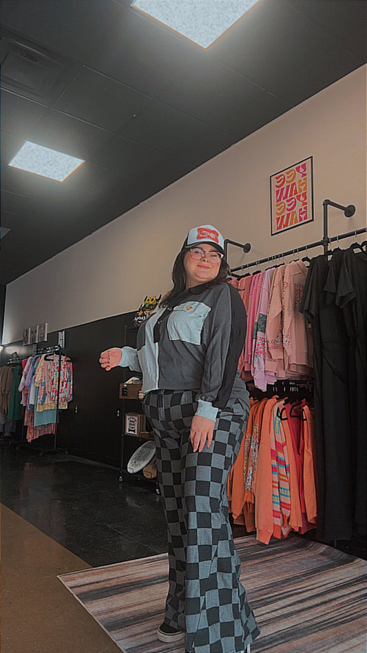Checkered Chaos - black and grey checkered wide leg denim