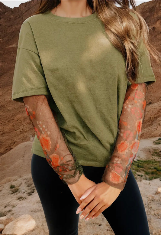 Mesh Floral Sleeve Top - Green