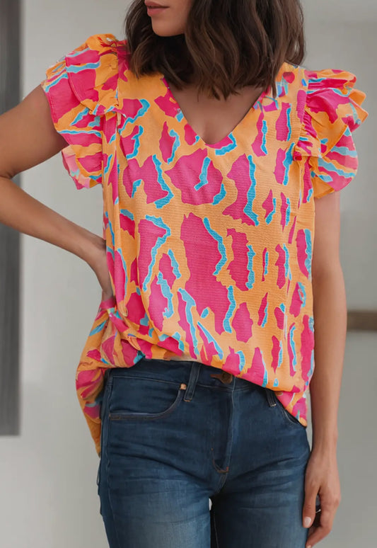 Colorful Animal Ruffle Sleeve Top