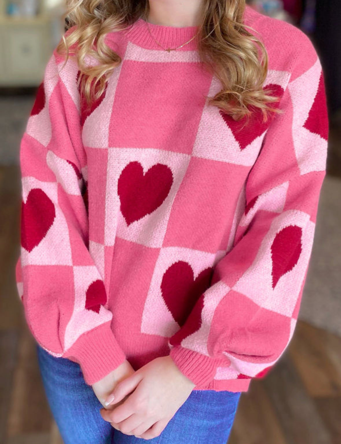 Check Love Out - Pink Checkered Heart Sweater