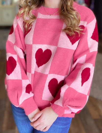 Check Love Out - Pink Checkered Heart Sweater