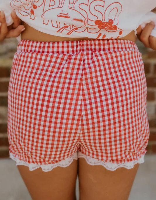 Red, White + Cute - gingham and lace shorts