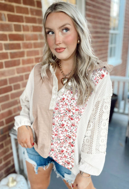 Boho Beauty - Lace and Floral Patchwork Hooded Blouse
